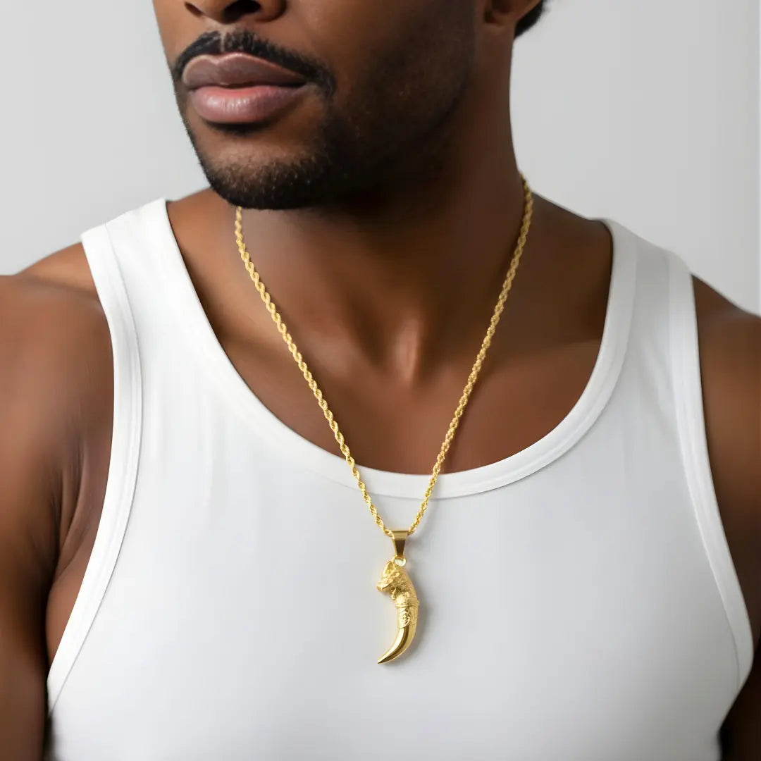 18K Gold Filled Lion Head Tooth Claw Pendant Necklace – Rope Chain Statement Necklace for Men & Women